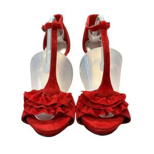 Quiped Red Velvet Ruffled Slingback  Stiletto Heels Size 7.5